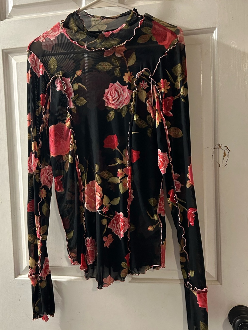 Free People Black Sheer Mesh Long-Sleeve Top with Pink Rose Print
